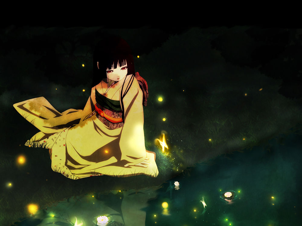 Обои для рабочего стола Enma Ai / Энма Ай из аниме Адская девочка / Jigoku Shoujo / Hell Girl ночью сидит у пруда и смотрит на волшебную светящуюся огненную бабочку