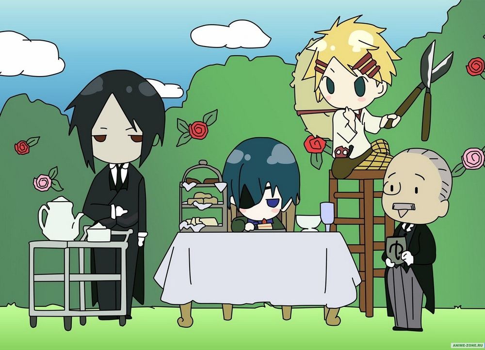 Обои для рабочего стола Ciel, Sebastian , Alois, Claude из аниме Темный дворецкий / Kuro Shitsuji / Dark Butler  