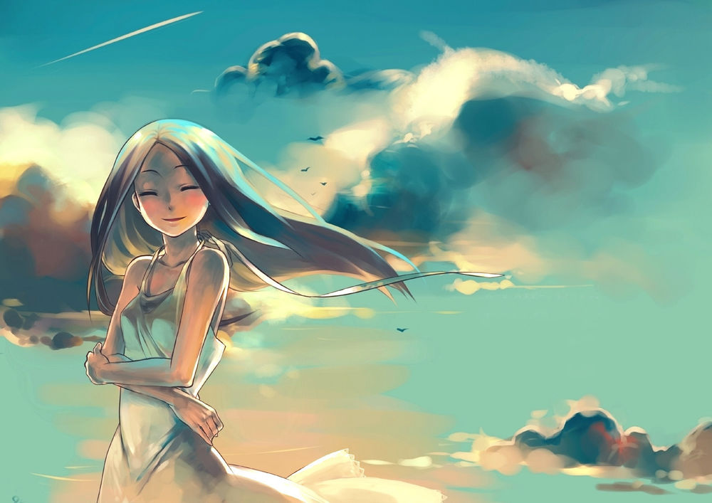Обои для рабочего стола Мило улыбающаяся девушка, нарисованная в стиле аниме, в лёгком летнем платье на фоне неба