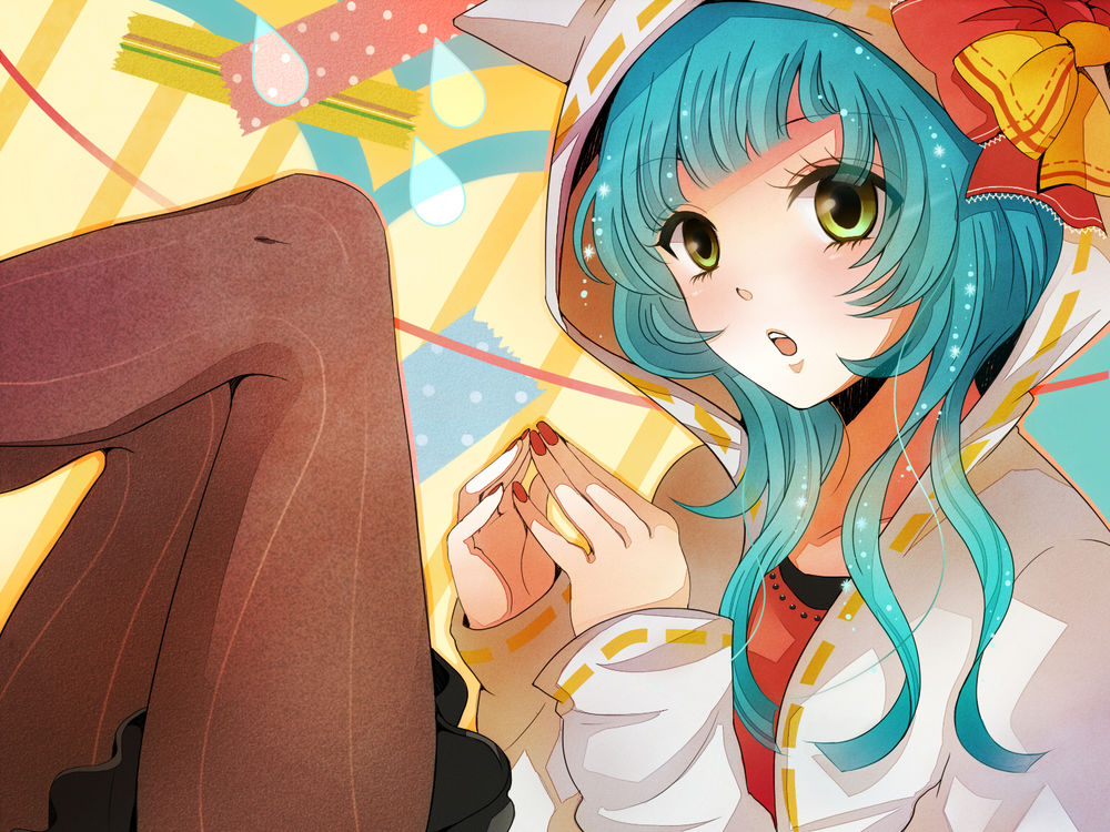 Обои для рабочего стола Vocaloid Miku Hatsune / Вокалоид Мику Хатсуне в кофте с капюшоном