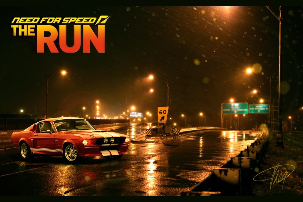 Обои для рабочего стола  Обои к игре Need for Speed: the Run / Жажда Скорости: Беги оранжевая машина на блестящем от дождя шоссе