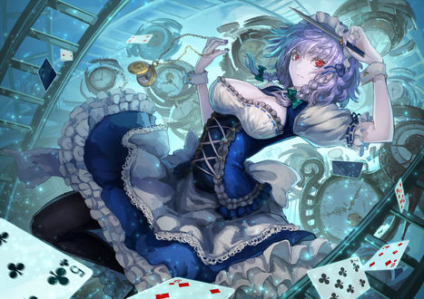 Обои на рабочий стол Сакуя Изаёи / Sakuya Izayoi из игры Touhou в окружении игральных карт и часов