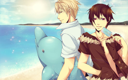 Обои на рабочий стол Heiwajima Shizuo / Хейваджима Шизуо идет к морю с надувшым дельфином, а Orihara Izaya / Орихара Изая ест мороженое на палочке (аниме  Durarara!! / Дурарара!!)
