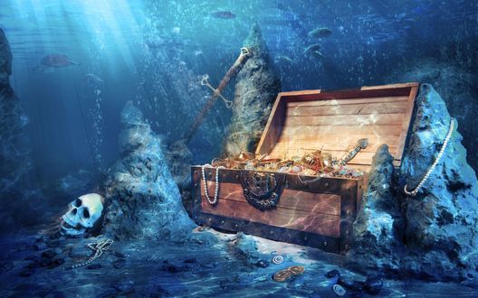 Обои на рабочий стол Сундук с сокровищами на морском дне
