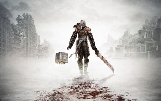 Обои на рабочий стол Главный герой из игры Nier идет по пустынному городу рядом летит магическая книга White Book / Белуя книга