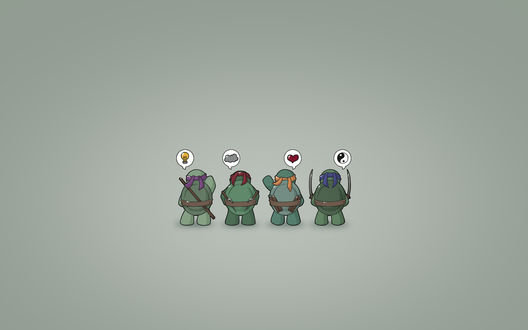 Обои на рабочий стол Черепашки-Ниндзя / Teenage Mutant Ninja Turtles вчетвером развернулись к нам спиной и о чем то думают Микеланджело / Michelangelo, Донателло / Donatello, Леонардо / Leonardo, Рафаэль / Raphael