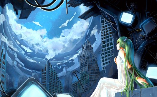 Обои на рабочий стол Вокалоид Мику Хатсуне / Vocaloid Miku Hatsune смотрит на небо в полуразрушенном городе