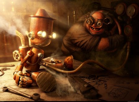 Обои на рабочий стол Изображение папы Карло изобретающего Буратино в стиле Steampunk, Copyright (C) Fabricio Moraes, submitted 05 January 2009