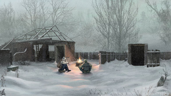 Обои на рабочий стол Рисунок по игре S.T.A.L.K.E.R. / СТАЛКЕР, два сталкера сидят у разрушенного дома возле костра зимой под снегопадом