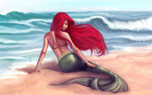 Обои на рабочий стол Ариэль / Ariel из диснеевского мультфильма Русалочка / The Little Mermaid сидит на песчаном берегу моря, art by Daniela Uhlig