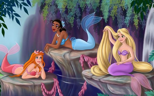 Обои на рабочий стол Три русалки на камнях под водопадом из м/ф 'Русалка / Mermaid'