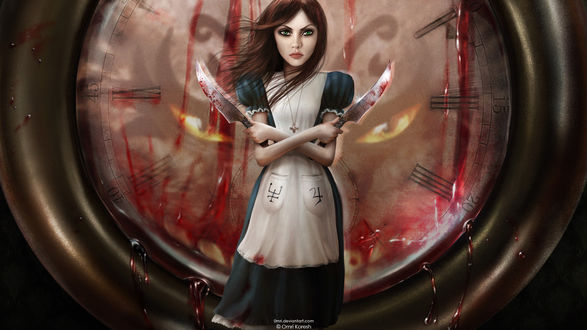 Обои на рабочий стол Алиса / Alice с двумя ножами на фоне окровавленного циферблата из игры Алиса: Безумие Возвращается / Alice: Madness Returns