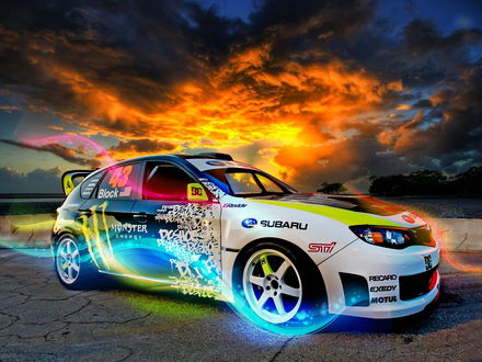 Обои на рабочий стол Автомобиль Субару / Subaru на фоне алого заката