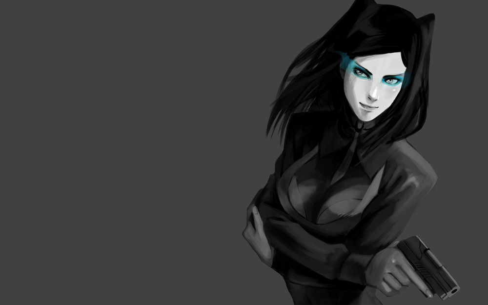 Обои для рабочего стола Рил Мэйер / Re-l Mayer из аниме Эрго Прокси / Ergo Proxy с пистолетом на сером фоне