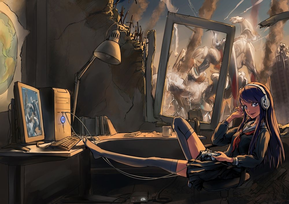 Обои на рабочий стол Анимешная девушка в наушниках сидит в полуразрушенной комнате на стуле перед компьютером и управляет с помощью игровой приставки огромным роботом, разрушающим город за окном, обои для рабочего стола,