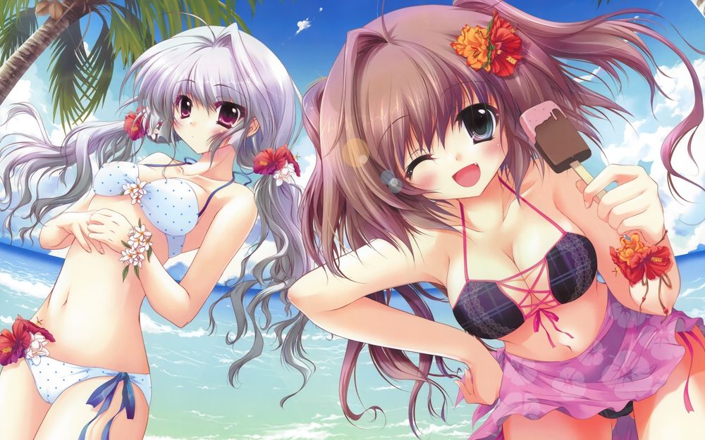 Обои для рабочего стола Анимешные девушки веселятся на берегу моря, одна их них ест мороженое