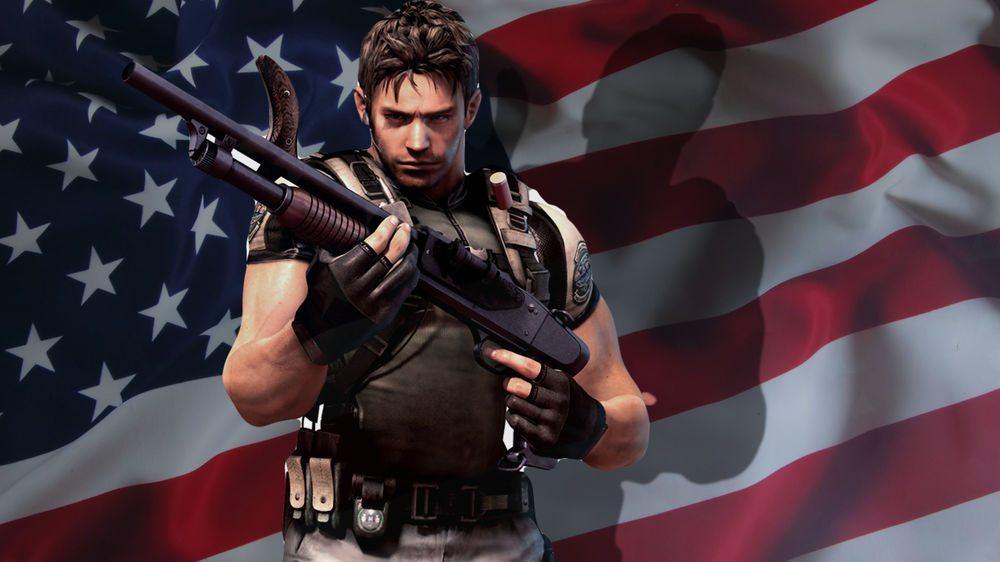 Обои для рабочего стола Игра Обитель Зла 5 / Resident Evil 5, главный персонаж Крис Редфилд / Chris Redfield, на фоне американского флага с ружьем