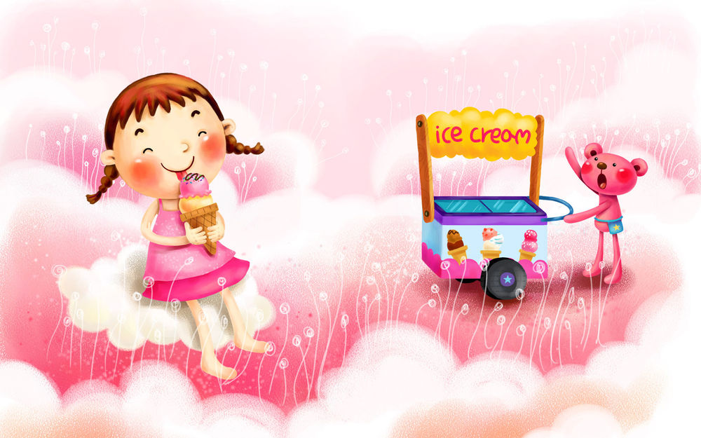 Обои для рабочего стола Мишка продает мороженое с тележки, рядом на тучке кушает рожок (ice cream / мороженое)