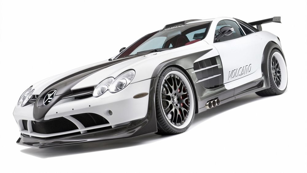 Обои для рабочего стола Mersedes-Benz SLR MCLaren / Мерседес-Бенц Макларен после тюнинга вид спереди / слева (volcano)