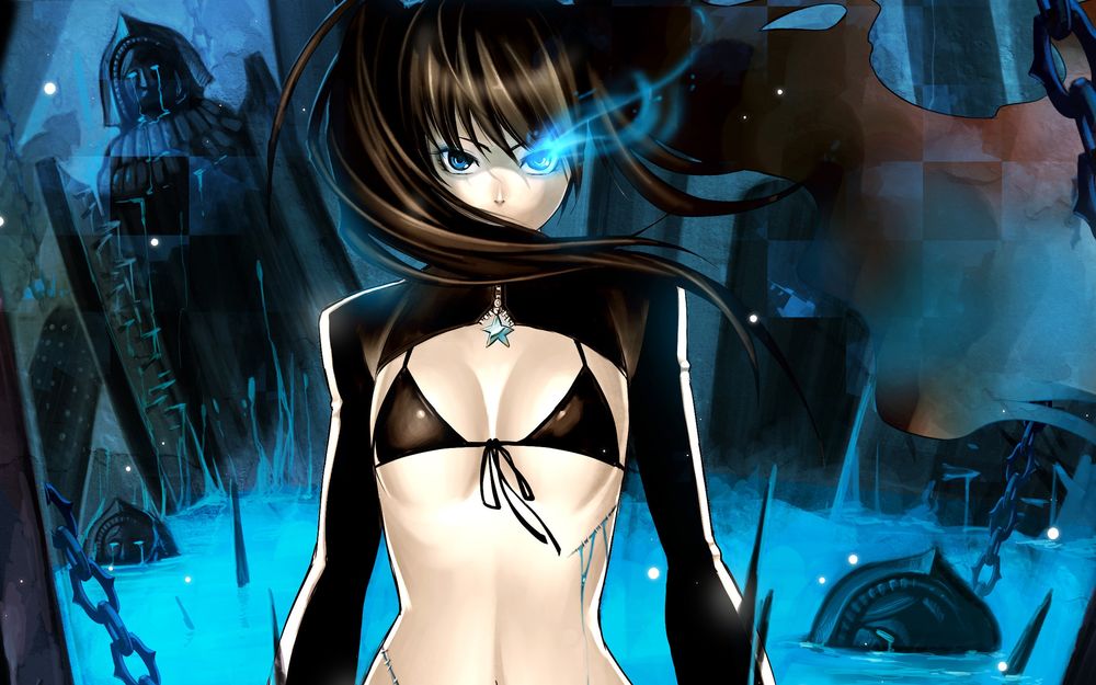 Обои для рабочего стола Black Rock Shooter / Стрелок с черной горы с синими глазами в купальнике на фоне руин