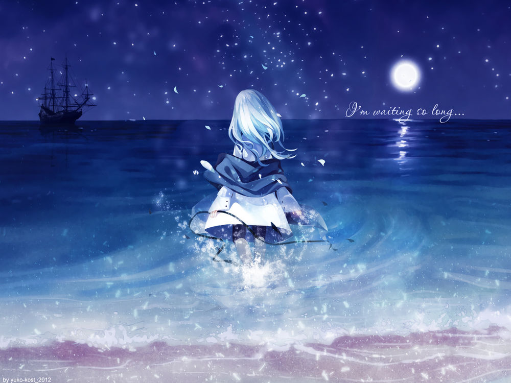 Обои для рабочего стола Девушка лунной ночью зашла в море, где на горизонте виднеется корабль со спущенными парусами (I`m waiting so long... / Я ждала так долго...)