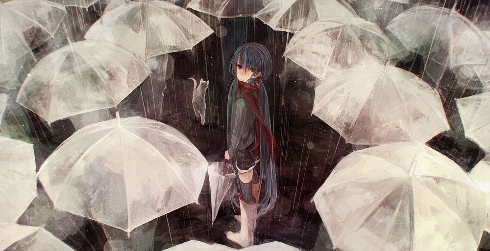 Обои для рабочего стола Vocaloid Hatsune Miku / Вокалоид Хатсуне Мику с закрытым зонтиком и кошка под дождем среди раскрытых зонтов
