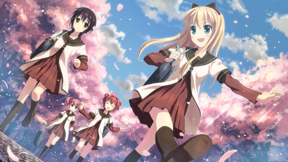 Обои для рабочего стола Девочки из аниме Лилии на ветру / Yuru Yuri гуляют среди цветущей сакуры