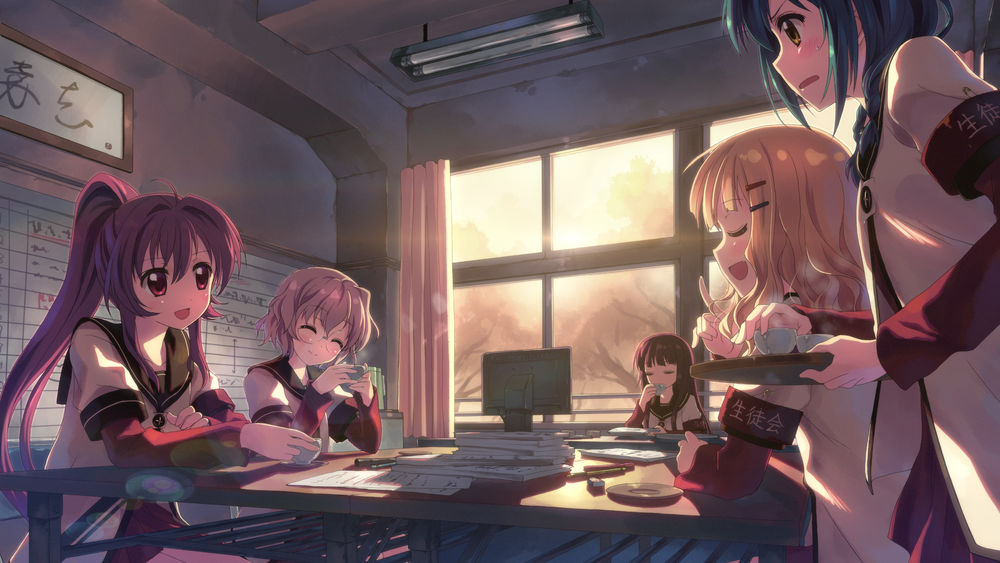 Обои для рабочего стола Члены школьного совета из аниме Лилии на ветру / Yuru Yuri пьют чай