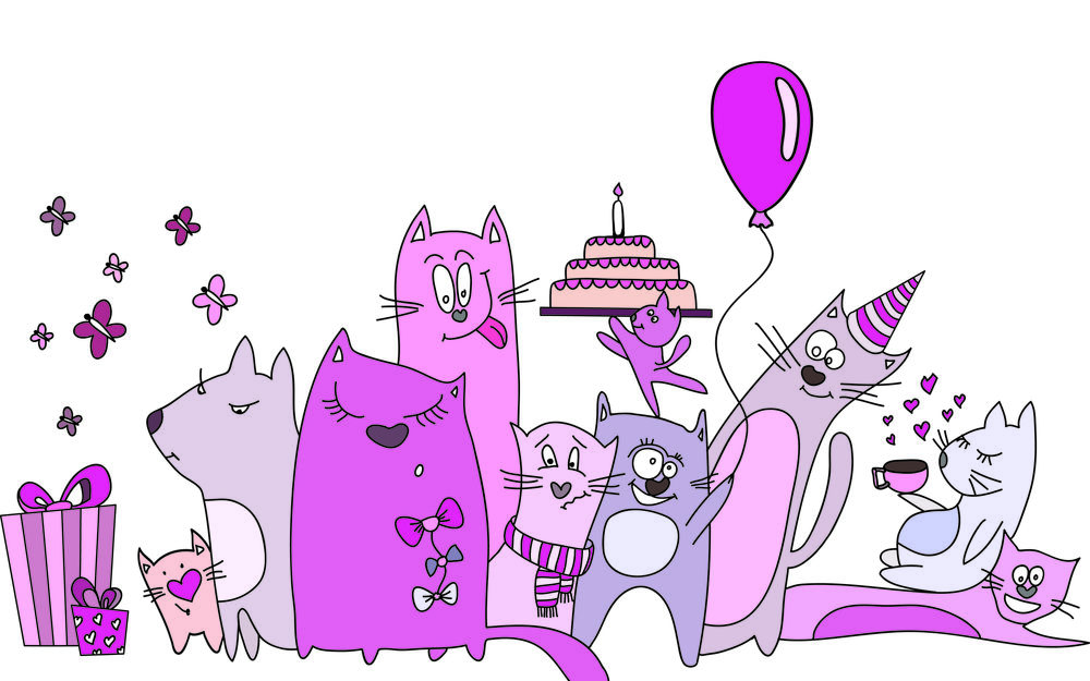 Обои для рабочего стола Коты празднуют День рождения, у них есть подарки, торт и розовый шарик