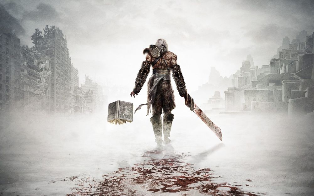 Обои для рабочего стола Главный герой из игры Nier идет по пустынному городу рядом летит магическая книга White Book / Белуя книга