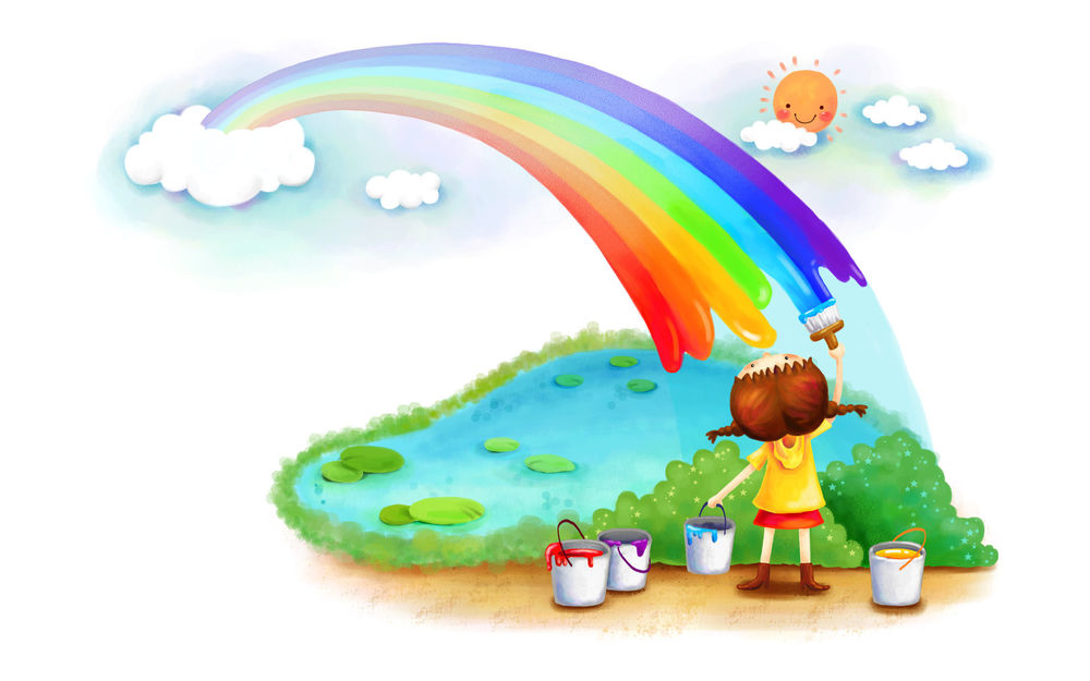 Обои для рабочего стола Маленькая девочка рисует красками радугу