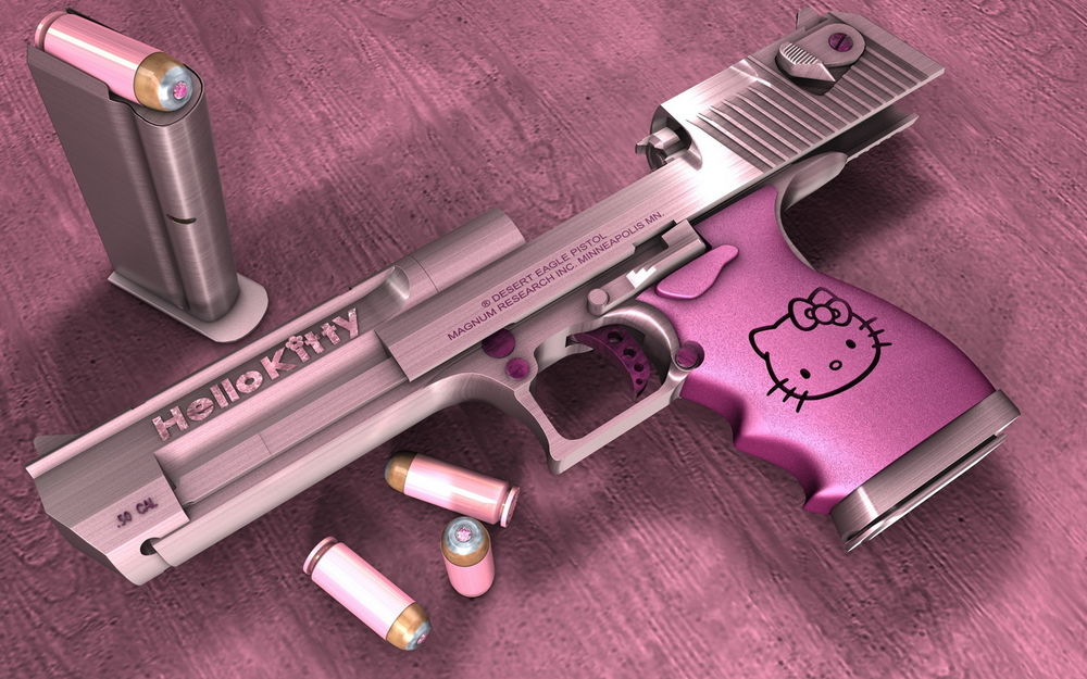 Обои для рабочего стола Боевой пистолет розового цвета с эмблемой Hello kitty и полной обоймой (desert eagle pistol magnum research inc. Minneapolis min.)