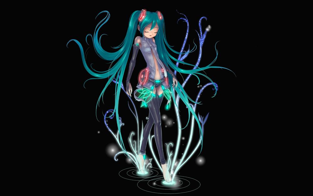 Обои для рабочего стола Vocaloid / Вокалоид Hatsune Miku / Хатсуне Мику / Мику Хацунэ с синими волосами, и светящиеся линии