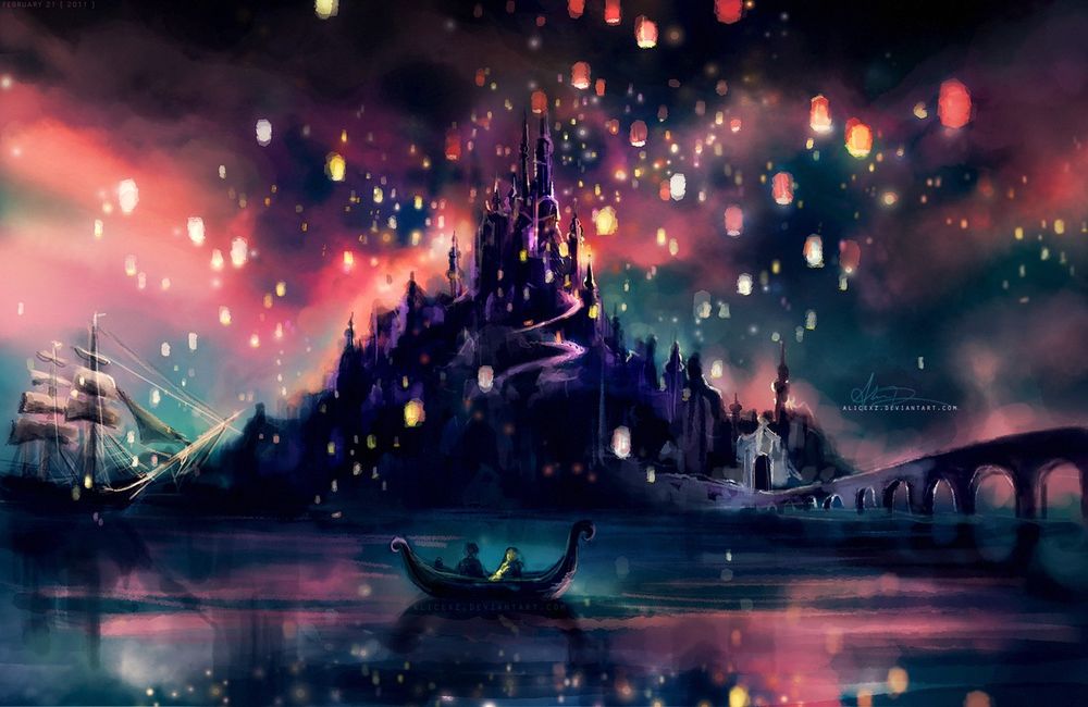 Обои для рабочего стола Нарисованный кадр из мультика 'Рапунцель / Rapunzel', Рапунцель с принцем плывут в лодке, наблюдая за светящимися фонариками, летающими вокруг замка