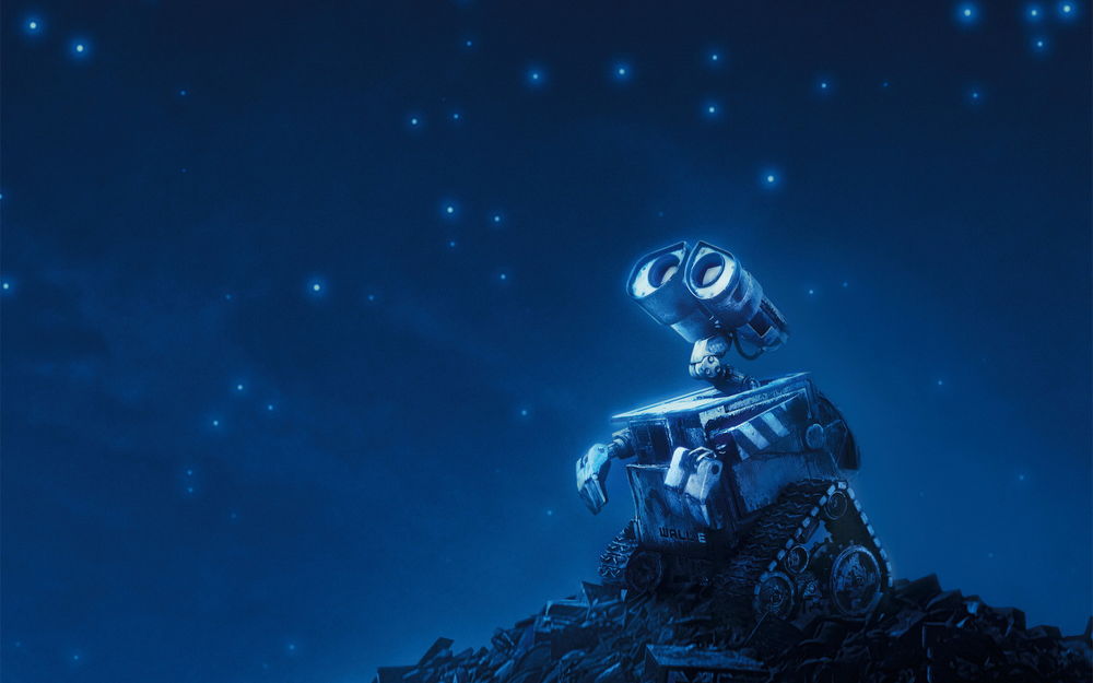Обои для рабочего стола Робот ВАЛЛ-И / WALL-E из одноименного мультика с надеждой смотрит в ночное небо