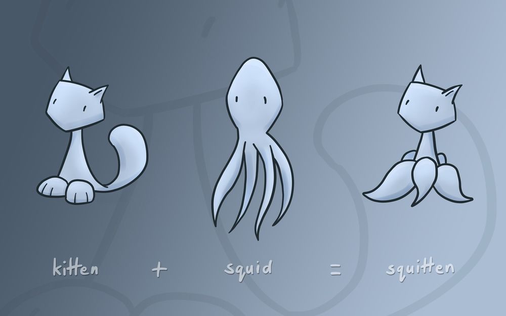 Обои для рабочего стола Рисунок со схемой скрещивания кошки и осьминога (kitten + squid = squitten)