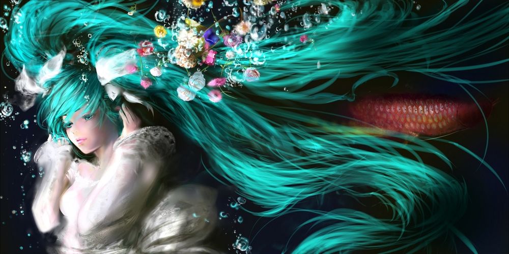 Обои для рабочего стола Vocaloid Hatsune Miku / Вокалоид Хатсунэ Мику под водой, среди рыб, цветов и пузырьков
