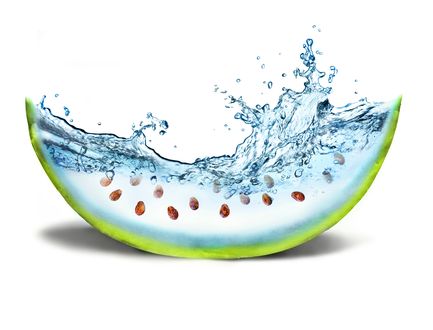 Обои на рабочий стол Долька арбуза, наполненная водой и косточками