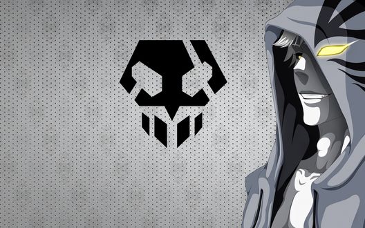 Обои на рабочий стол Shirosaki Hichigo / Широсаки Хичиго из аниме 'Блич / Bleach' в сером капюшоне на фоне серой стены с изображением черепа