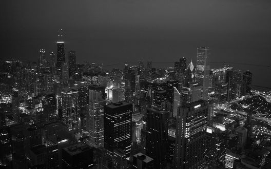Обои на рабочий стол Чёрно-белый ночьной Chicago, USA / Чикаго, США с  высоты птичьего полета, обои для рабочего стола, скачать обои, обои  бесплатно