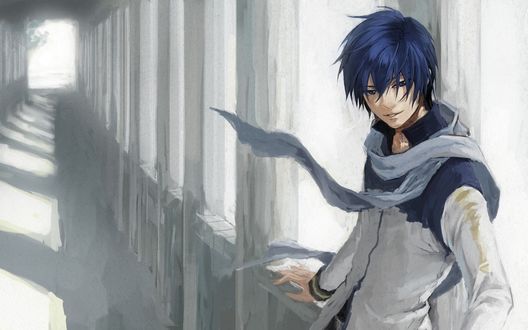 Обои на рабочий стол Вокалоид Шион Кайто / Vocaloid Shion Kaito стоит у стены