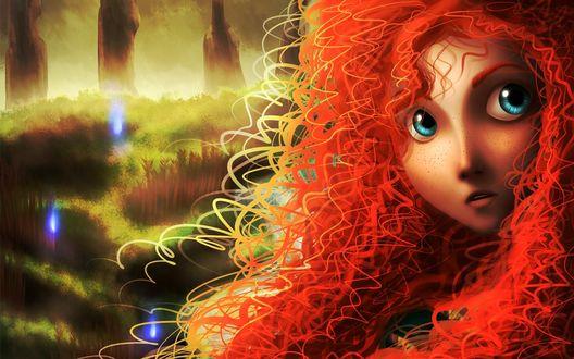Обои на рабочий стол Рисунок принцессы Мериды из мультфильма Храбрая сердцем / Отважная / Brave  на фоне леса