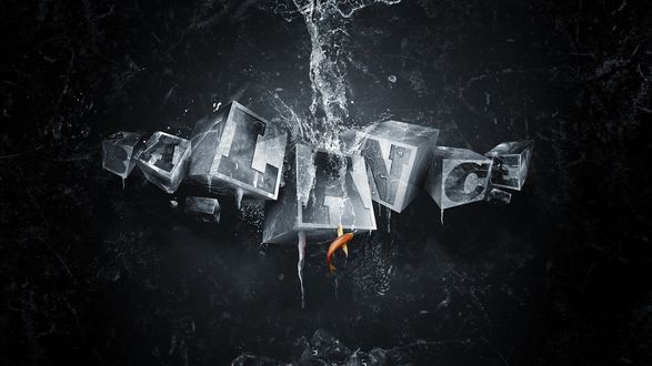 Обои на рабочий стол Рыбка висит на надписи из кубиков льда, на которых льется вода, Balance \ Баланс 