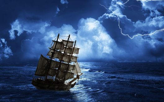 Обои на рабочий стол Парусник в море ночью, небо освещается вспышками молнии