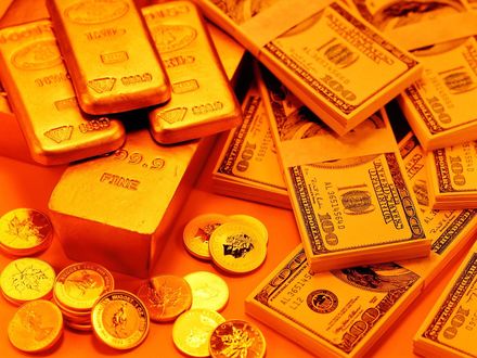 Обои на рабочий стол Деньги, золотые слитки в оранжевом оформлении