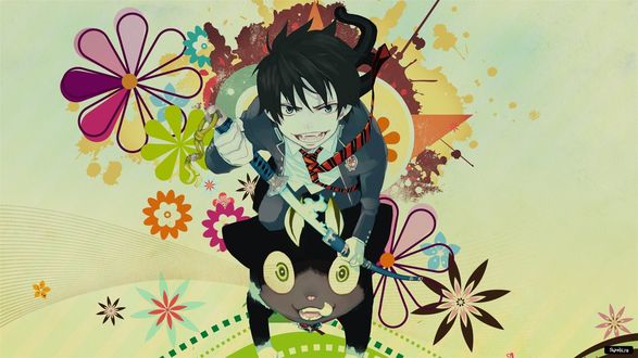 Обои на рабочий стол Okumura Rin / Рин Окумура из аниме «Синий Экзорцист / Ao no Exorcist / Blue Exorcist» с демоническим мечом Курикара (Комакэн) верхом на демоническом коте Куро / Kuro