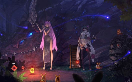 Обои на рабочий стол Вокалоиды Мегурине Лука и Хатсуне Мику / Megurine Luka and Hatsune Miku ночью в заколдованном лесу играют на волшебных музыкальных инструментах мистическим существам