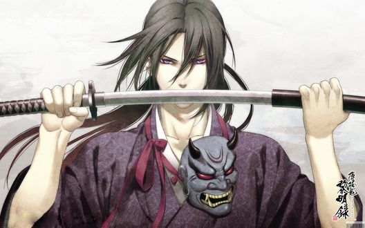 Обои на рабочий стол Hijikata Toshizou / Хидзиката Тошиджо с катаной в руках и маской демона на шее, Сказание о демонах сакуры / Hakuouki: Shinsengumi Kitan