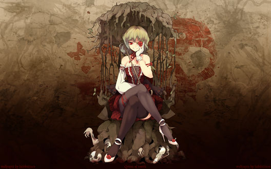 Обои на рабочий стол Юка Казами / Kazami Yuuka из Тохо / Touhou project сидит на умерших телах