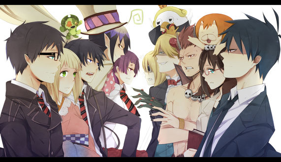 Обои на рабочий стол Персонажи аниме Синий Экзорцист / Ao no Exorcist / Blue Exorcist vs персонажи аниме Явись, Азазель / Yondemasu yo, Azazel-san / Призываю, Азазель-сан